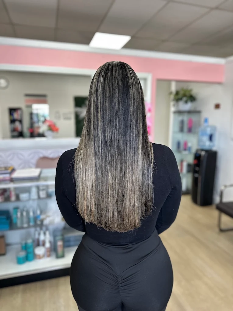 Ash-blonde balayage highlights on straight sleek hair, Charlotte NC salon