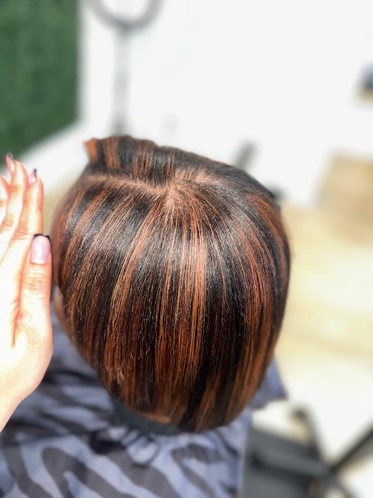 Copper highlights over dark hair, Dominican blowout finish in Charlotte NC